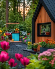 Obraz premium Scandinavian design with Scandinavian tiny house with wooden paneling, black-framed windows . Charming Scandinavian tiny house at sunset, Scandinavian tiny house and flower garden .