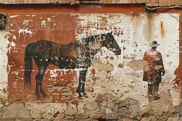 High Resolution Visual of a Brown and White Wall with a Picture of a Man and a Horse on it