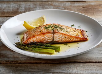 Grilled Salmon Fillet with Asparagus and Lemon on White Plate