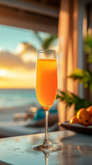 Delightful mimosa in a bright atmosphere overlooking the ocean during a stunning sunset
