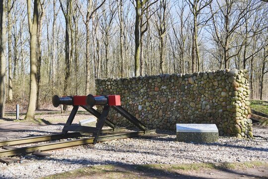 westerbork, the Netherlands. March 19, 2025. Broken railroad track as monument for deportation of Jews and Sinti from Transit Camp Westerbork to Auschwitz.
