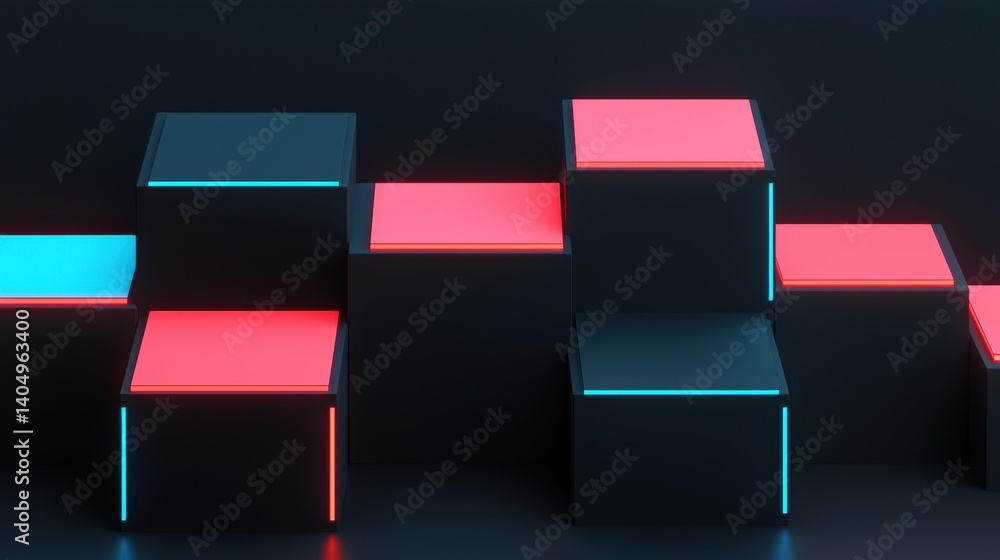 Poster a 3d rendering of a futuristic display with glowing red and blue squares.