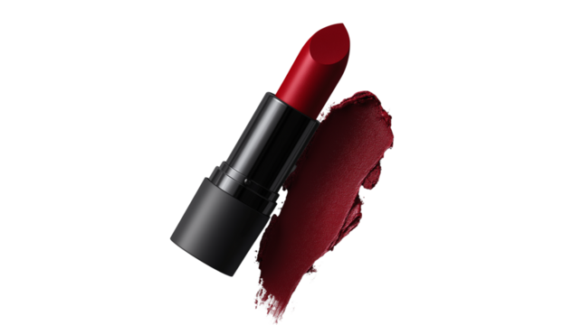 Matte lipstick swatch in bold red, realistic texture with slight edge gradient, isolated on white, cinematic lighting, PNG format