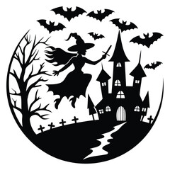 Fototapeta premium Halloween Witch Silhouette: Flying with Castle, Bats, and Tombstones Vector