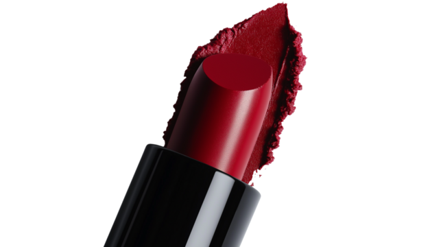 Matte lipstick swatch in bold red, realistic texture with slight edge gradient, isolated on white, cinematic lighting, PNG format