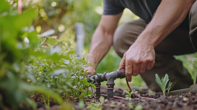 Landscaper installing a garden irrigation system. Featuring irrigation setup and garden care