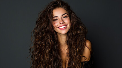 Fototapeta premium Beautiful laughing brunette model girl with long curly hair 