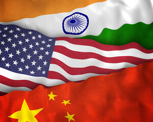 Illustration of India, USA, and China flags together, symbolizing current international relations, strategic partnerships, and geopolitical dynamics.