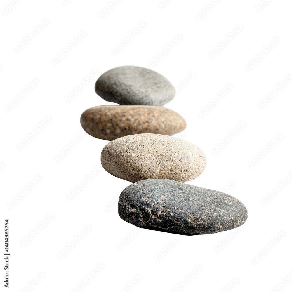 Poster collection of smooth pebbles arranged in a line on a transparent background showcasing natural textu