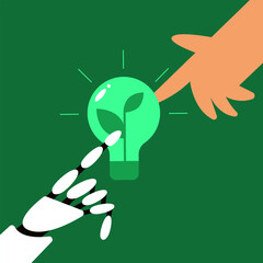 Sustainability green light bulb. Man with AI Robot share reduce energy. Green electricity and power save concept. Vector illustration.