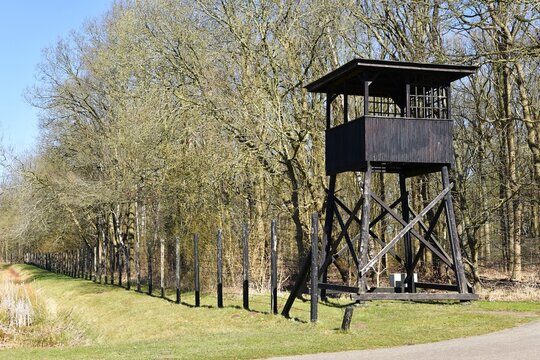 Westerbork, the Netherlands. March 19, 2025. One of the watchtowers of the transit camp Westerbork, Holland.