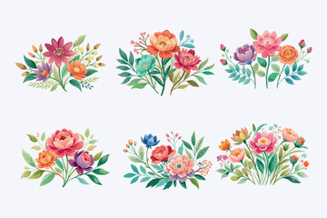 A beautiful set of 6 colorful, hand-drawn floral illustrations featuring elegant flowers and lush green leaves. Perfect for wedding invitations, greeting cards, branding, scrapbooking, and spring-them