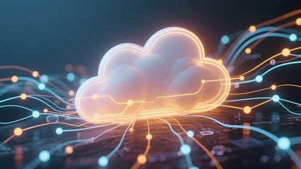Abstract cloud computing with glowing connections and icons, symbolizing modern digital innovation and seamless data flow