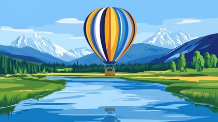Fototapeta premium Colorful Hot Air Balloon over Mountain River Valley