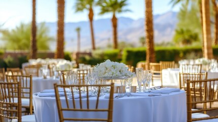 Round tables decorated for a wedding reception celebrating under palm trees