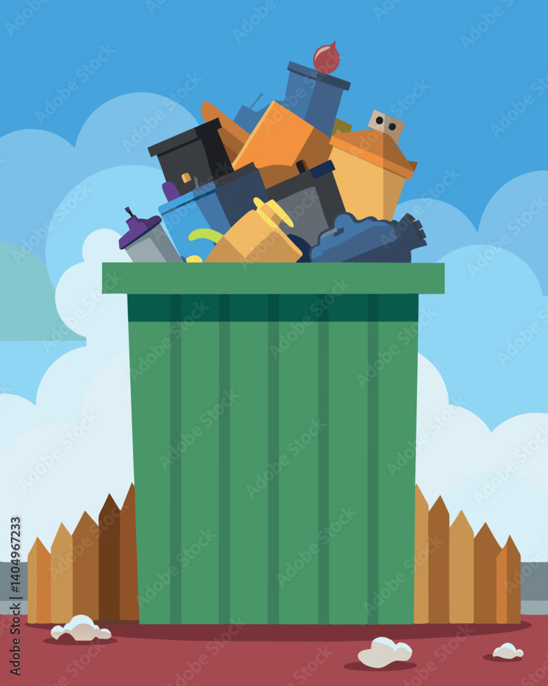 Poster the garbage piled high above the edge of the dumpster creating an eyesore for the neighborhood.. vec