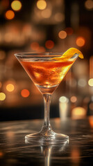 Sophisticated cocktail served in a sleek glass with an orange twist against a blurry bar backdrop