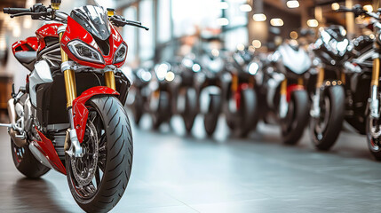 Red sport bike is standing at the motorcycle shop. Row of sports bikes are standing on a blurred background. Sport bikes makes for high-speed riding.