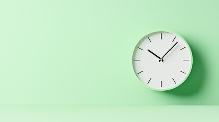 A white clock with black hands and numbers on a light green wall.