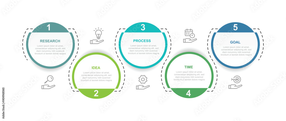 Poster 5 step infographic template. Five circle with lines journey and icons suitable foe business information, schedule work, banner presentation