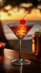 Elegant cocktail served with cherry in tranquil sunset by the beach creating a relaxing summertime atmosphere