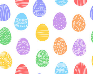 Seamless pattern for Easter day. Various Easter eggs with doodle patterns, white background.