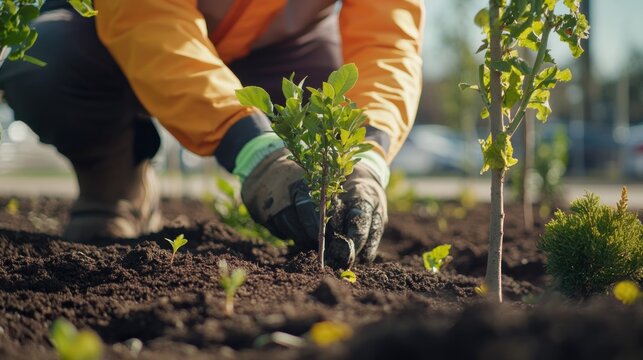 Landscaper planting trees and shrubs at a new commercial park. Featuring attention to detail and design