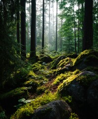 Obraz premium Sunlight filters through trees in a serene forest