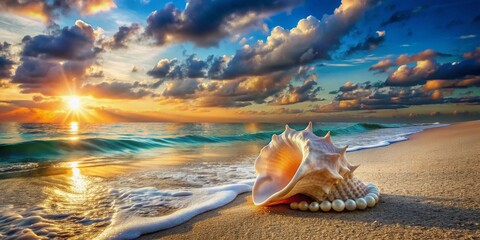 Coastal Seashell Treasure: Pearls and Conch Shell on Sandy Beach at Sunset
