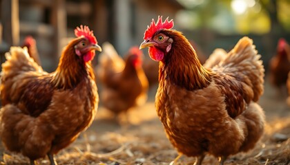 Close-up shot of brown hens outdoors