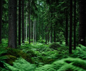 Fototapeta premium Dense green forest filled with ferns and trees