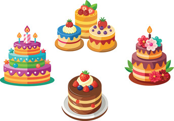 Birthday cake with candles, bright lights bokeh