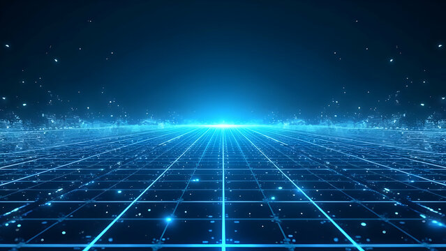 Infinite Horizon: Expanding blue sci-fi grid with digital particles stretching to vanishing point