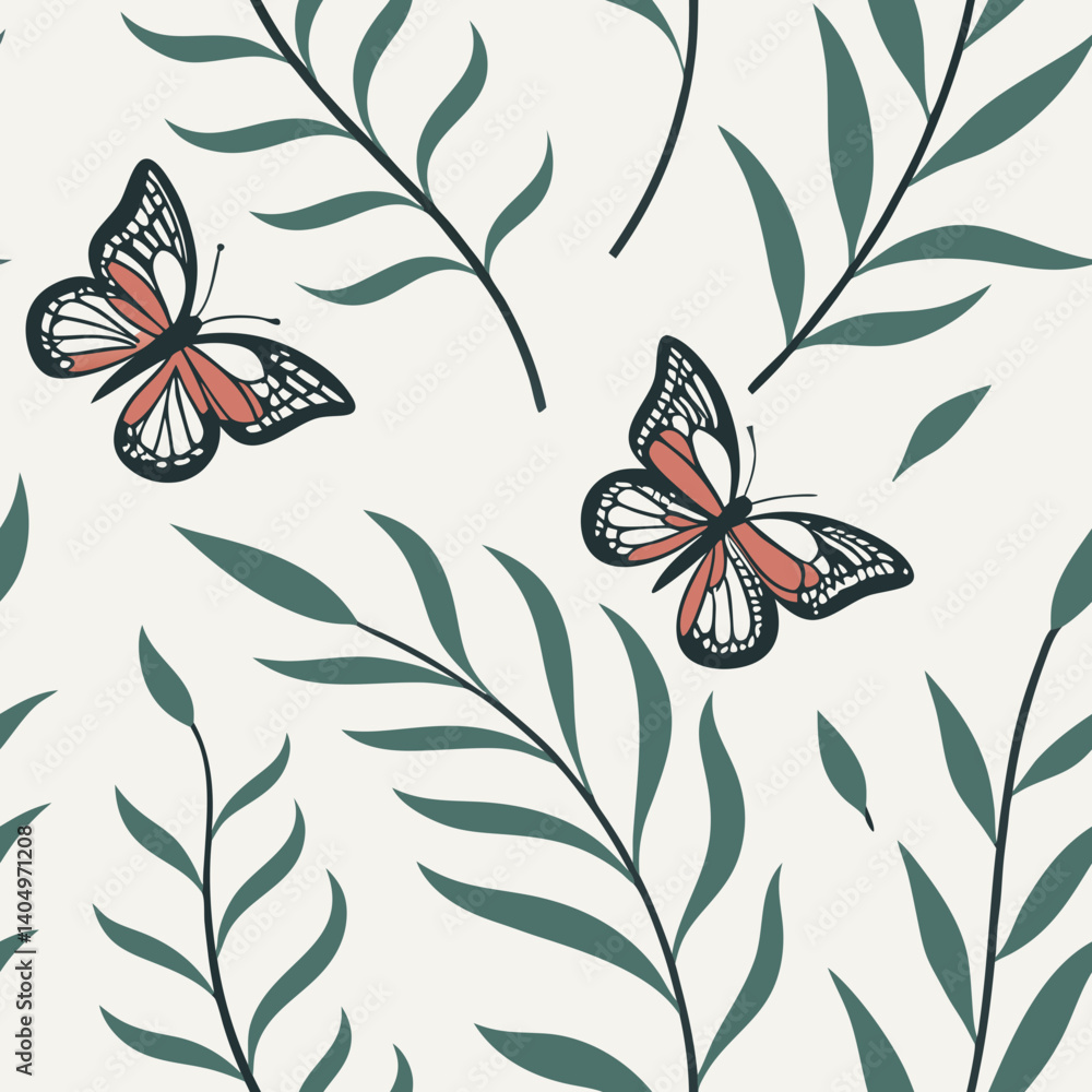 Poster seamless vector pattern of butterflies and leaves in soft colors