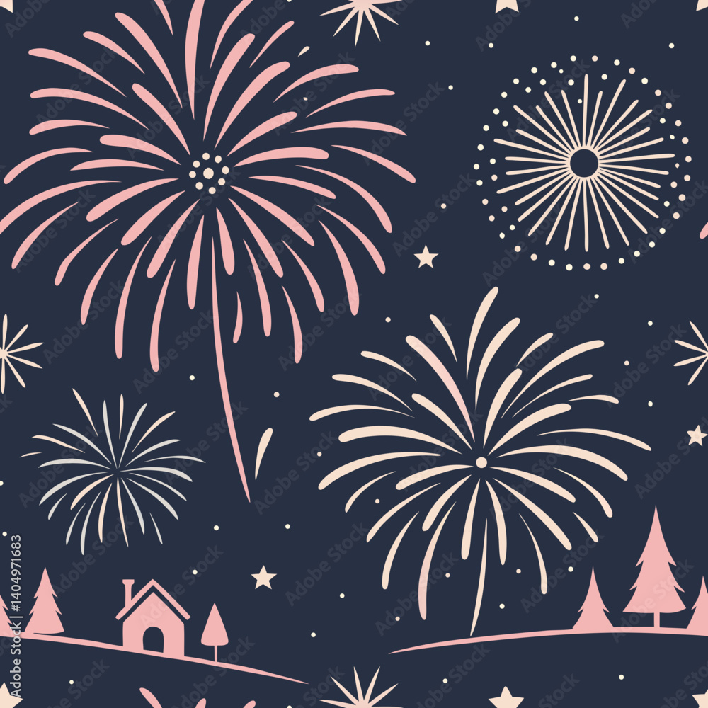 Poster seamless vector pattern of fireworks and trees on dark background