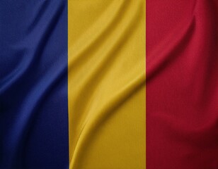 Romanian flag: blue, yellow, red stripes in waving fabric