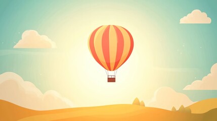 Hot air balloon floats over golden hills