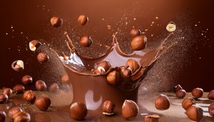  Smooth milk chocolate explosion with embedded hazelnut pieces mid-flight, floating particles 