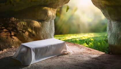  The empty tomb with the stone rolled away, linen burial cloth neatly folded inside, rays of 