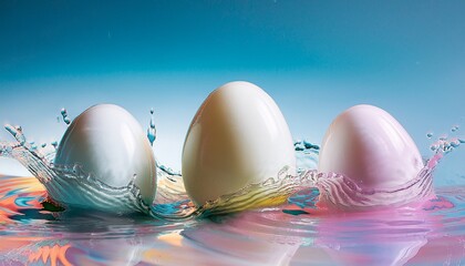 Three glossy white eggs standing in a pool of vibrant liquid Arrangement of small, hand-deco