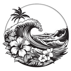 Tropical Wave with Hibiscus and Palm in Black and White Design