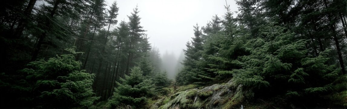 Fog envelops a dense forest in early morning light - Powered by Adobe