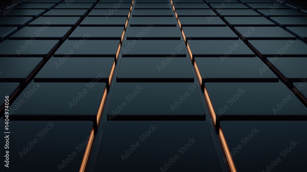 Poster a 3d rendering of a grid of dark gray squares with orange lines.
