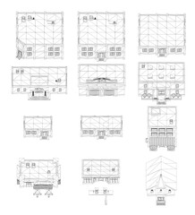 A series of drawings of buildings with a white background. The drawings are of different sizes and styles, but all have a similar theme of architecture