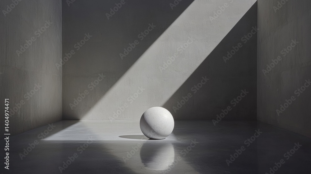 Poster a white sphere sits on a reflective floor, casting a shadow in a minimalist room with gray walls and