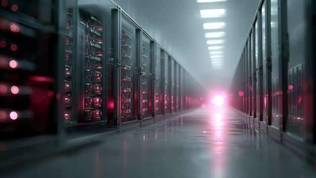 Futuristic quantum computer server farm with towering racks of processors and glowing holographic interfaces