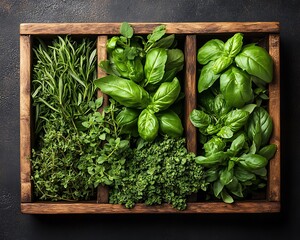 Fresh Herbs in Wooden Tray