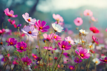 Fototapeta premium Colorful cosmos flower blossom meadow in summer sunlight
