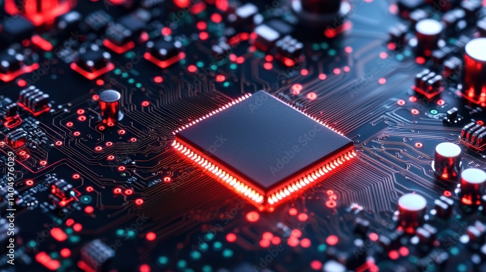 Poster a close-up view of a circuit board with a central processor chip.