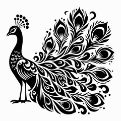 Black and white silhouette of a stylized peacock on a white isolated background. Vector graphics. EPS.